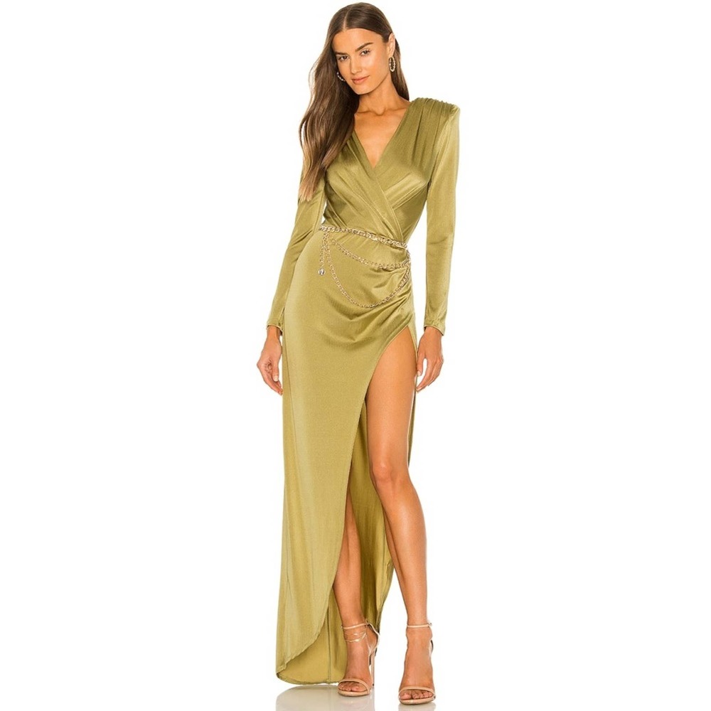 Bronx and Banco Long Sleeve Green Surplice Maxi Dress w Leg Slit